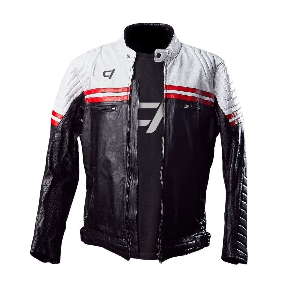 VELOCITY / BLACK WHITE RED / SEMI MOTORCYCLE COWHIDE LEATHER JACKET