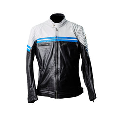 VELOCITY / BLACK WHITE BLUE / SEMI MOTORCYCLE COWHIDE LEATHER JACKET