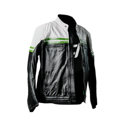 VELOCITY / BLACK WHITE GREEN / SEMI MOTORCYCLE COWHIDE LEATHER JACKET