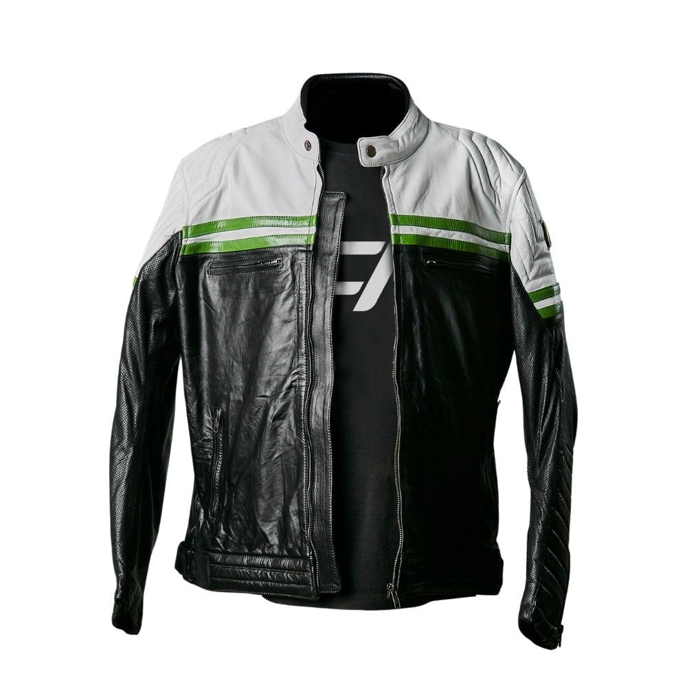 VELOCITY / BLACK WHITE GREEN / SEMI MOTORCYCLE COWHIDE LEATHER JACKET