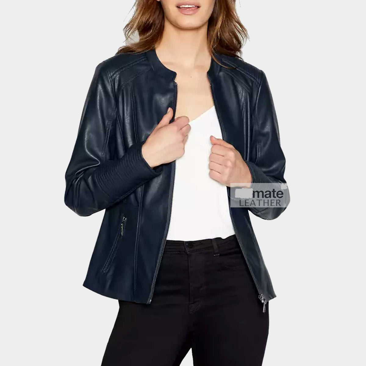 WOMEN’S NAVY BLUE SLIMFIT LEATHER JACKET - STYLISH OUTERWEAR