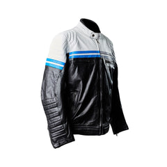 VELOCITY / BLACK WHITE BLUE / SEMI MOTORCYCLE COWHIDE LEATHER JACKET