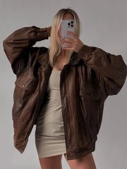 Women Handmade Brown Oversize Bomber Lambskin Soft Real Leather Jacket, Fashion Leather Jacket