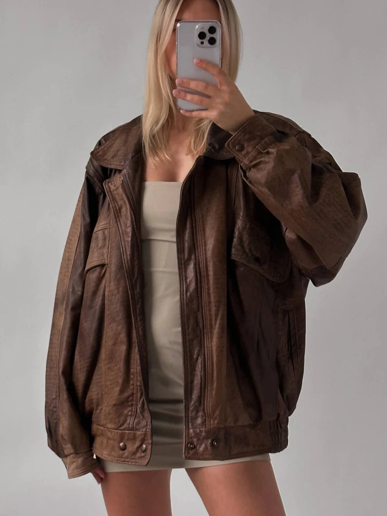 Women Handmade Brown Oversize Bomber Lambskin Soft Real Leather Jacket, Fashion Leather Jacket