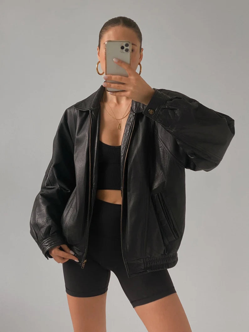 Women Black Oversize Bomber Lambskin Soft Real Leather Jacket, Genuine Leather Jacket