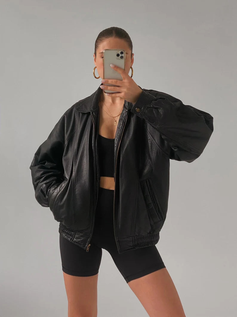 Women Black Oversize Bomber Lambskin Soft Real Leather Jacket, Genuine Leather Jacket