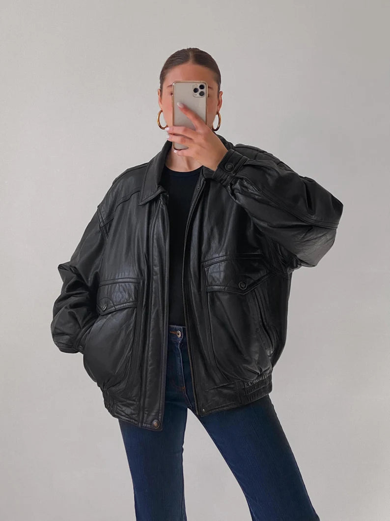 90s Women's Vintage Oversized Jacket, Ladies Leather Jacket, Ladies Biker Jacket