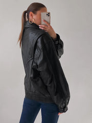 90s Women's Vintage Oversized Jacket, Ladies Leather Jacket, Ladies Biker Jacket