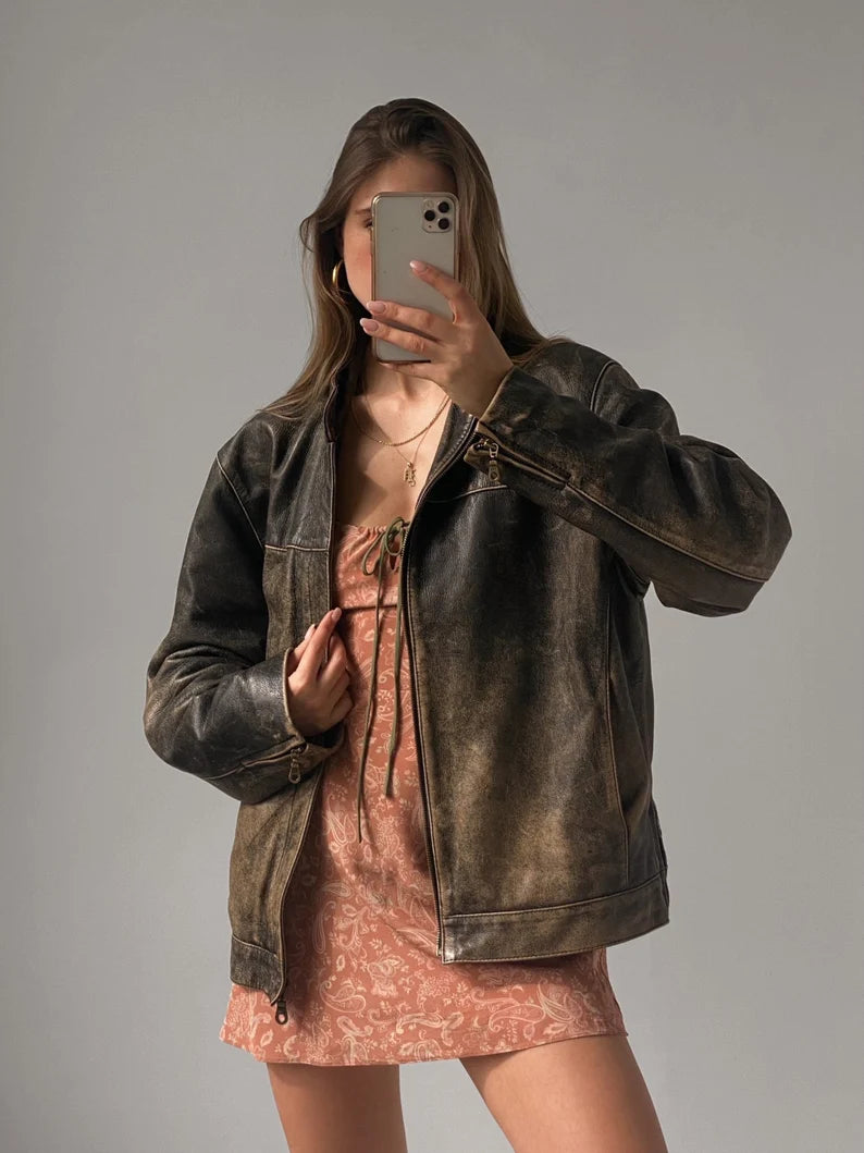 Ladies Brown Faded Vintage Oversized Leather Jacket, Women leather jacket