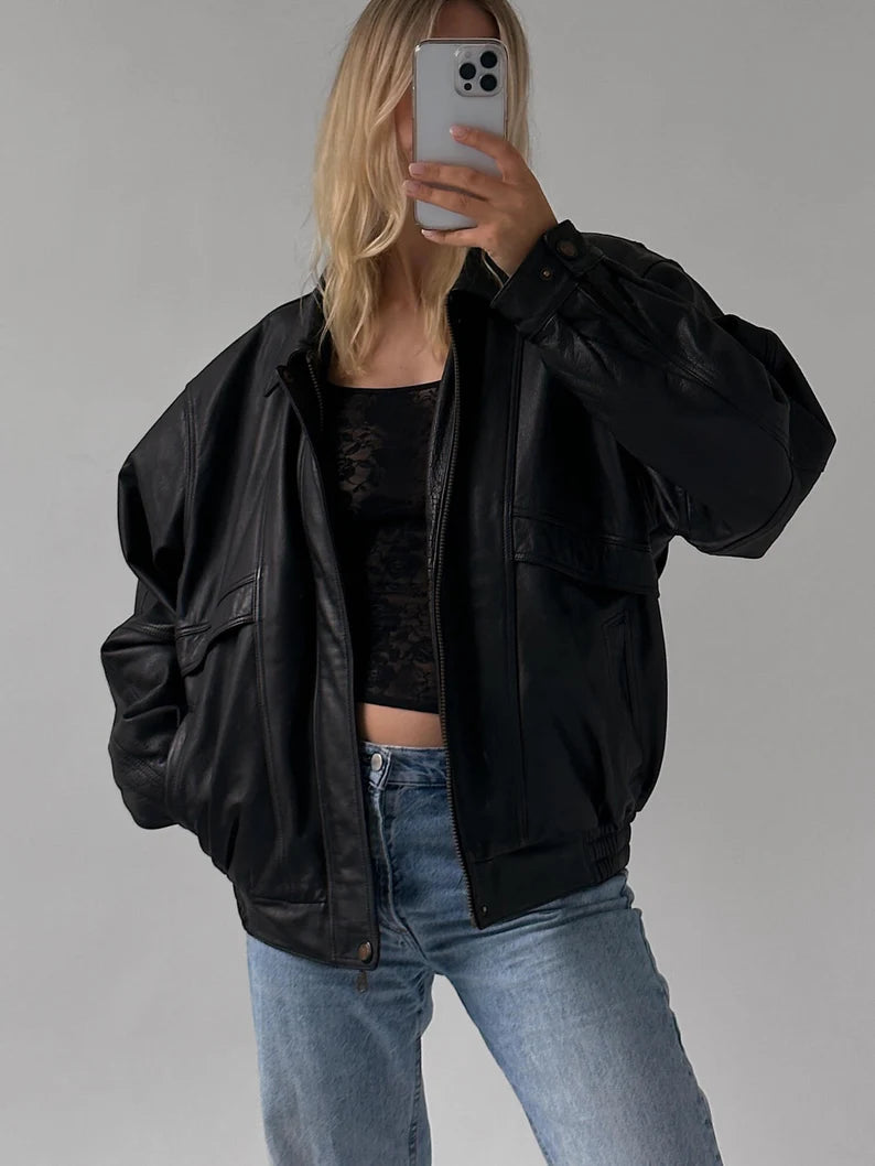 Women Handmade Black Oversize Bomber Lambskin Soft Real Leather Jacket