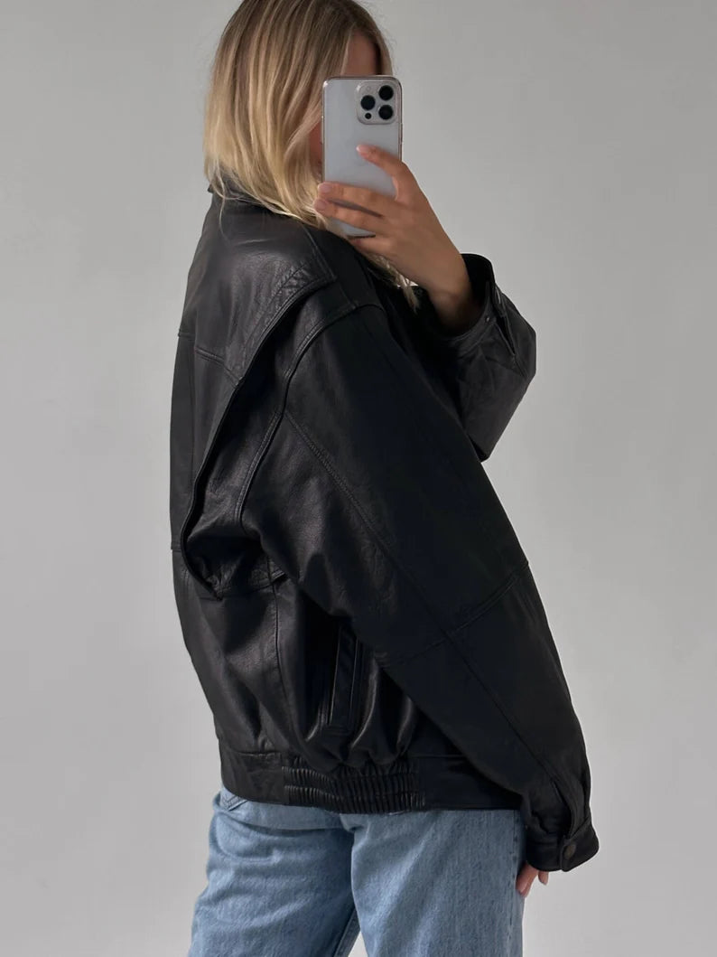 Women Handmade Black Oversize Bomber Lambskin Soft Real Leather Jacket