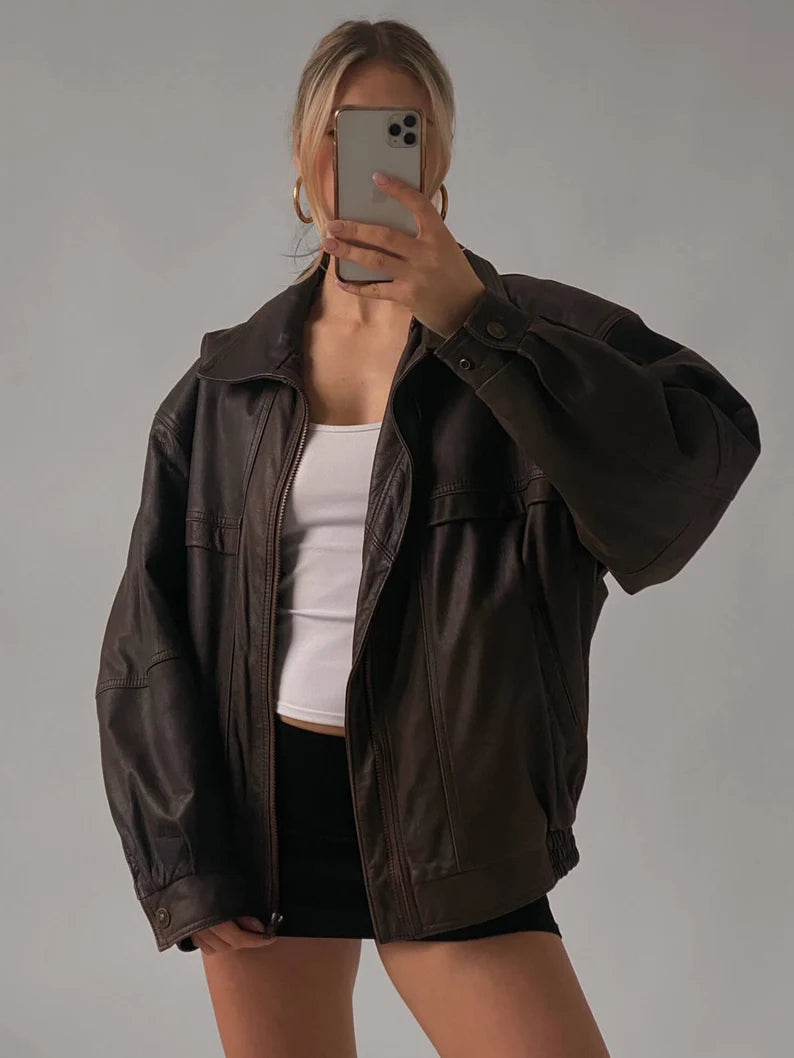 90's Women's Vintage Oversized Straight Jacket, Bomber Lambskin Soft Real Leather Jacket