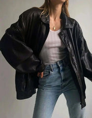 Women Handmade Black Oversize Bomber Lambskin Soft Real Leather Jacket, Genuine Leather Jacket