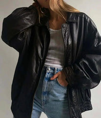 Women Handmade Black Oversize Bomber Lambskin Soft Real Leather Jacket, Genuine Leather Jacket