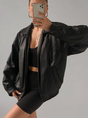 Women Black Oversize Bomber Lambskin Soft Real Leather Jacket, Genuine Leather Jacket