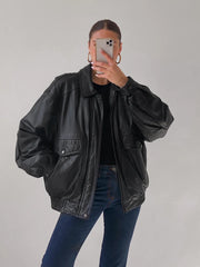 90s Women's Vintage Oversized Jacket, Ladies Leather Jacket, Ladies Biker Jacket