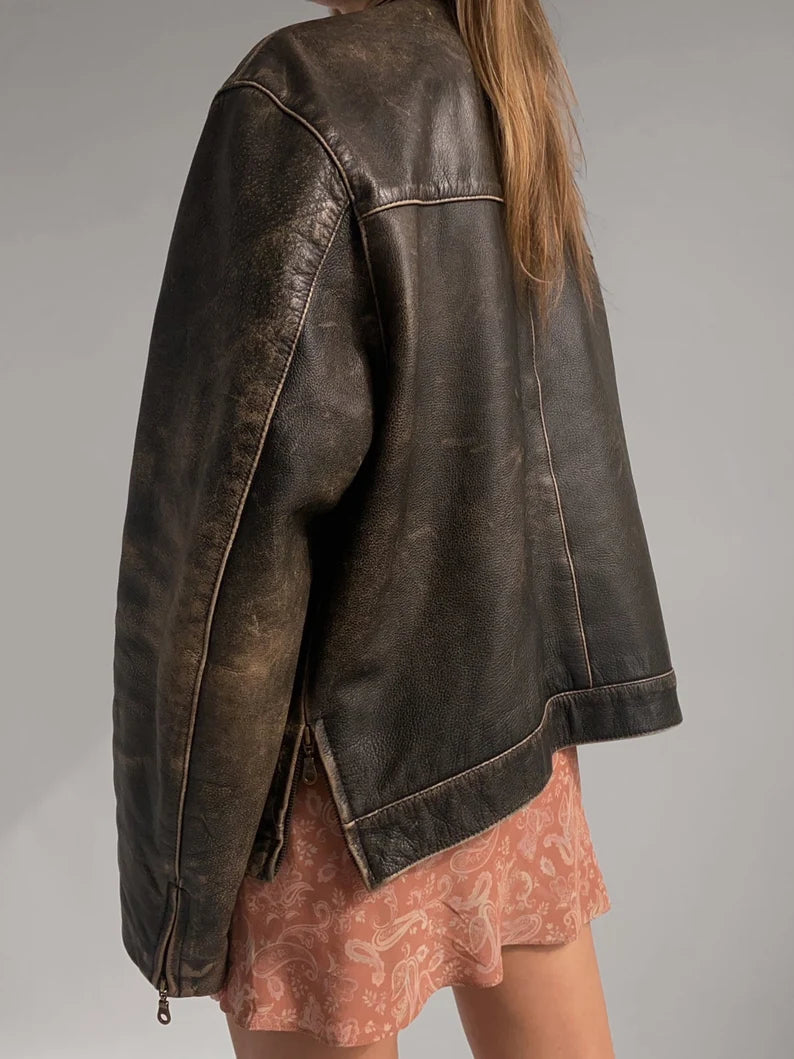 Ladies Brown Faded Vintage Oversized Leather Jacket, Women leather jacket