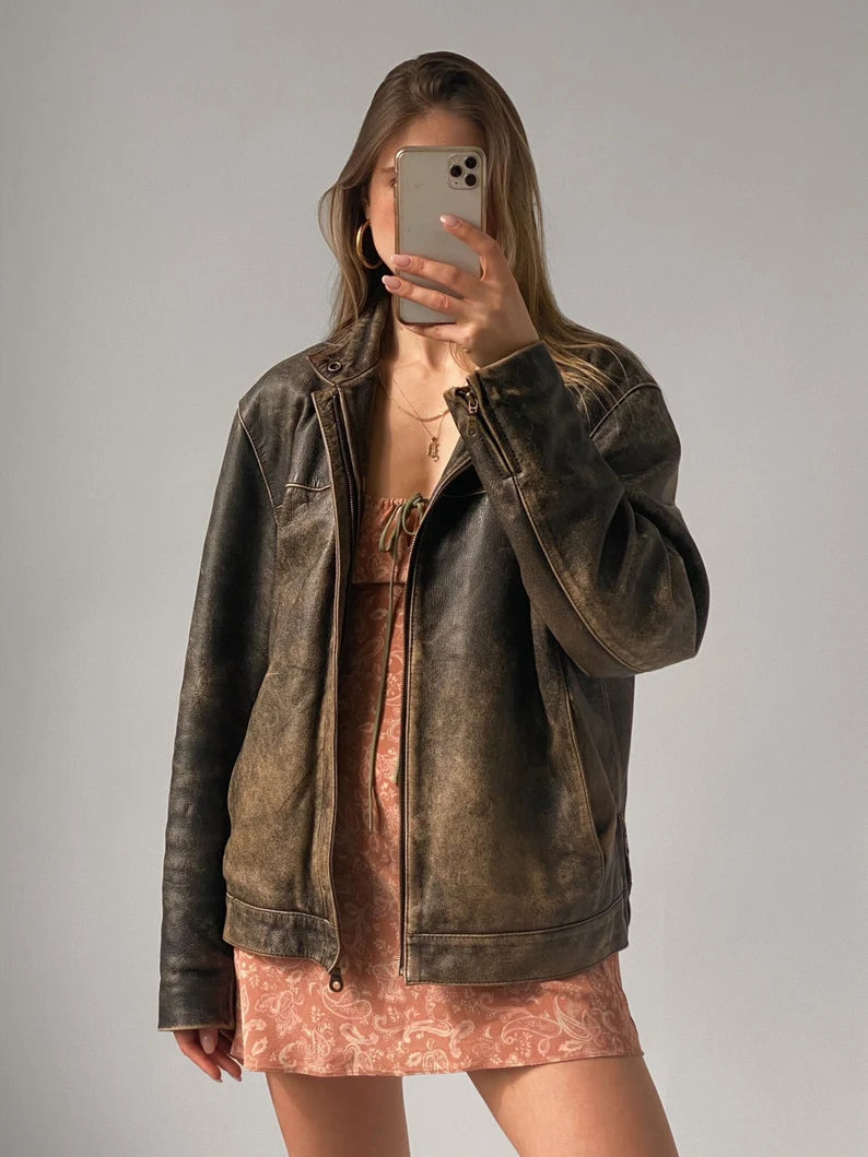 Ladies Brown Faded Vintage Oversized Leather Jacket, Women leather jacket