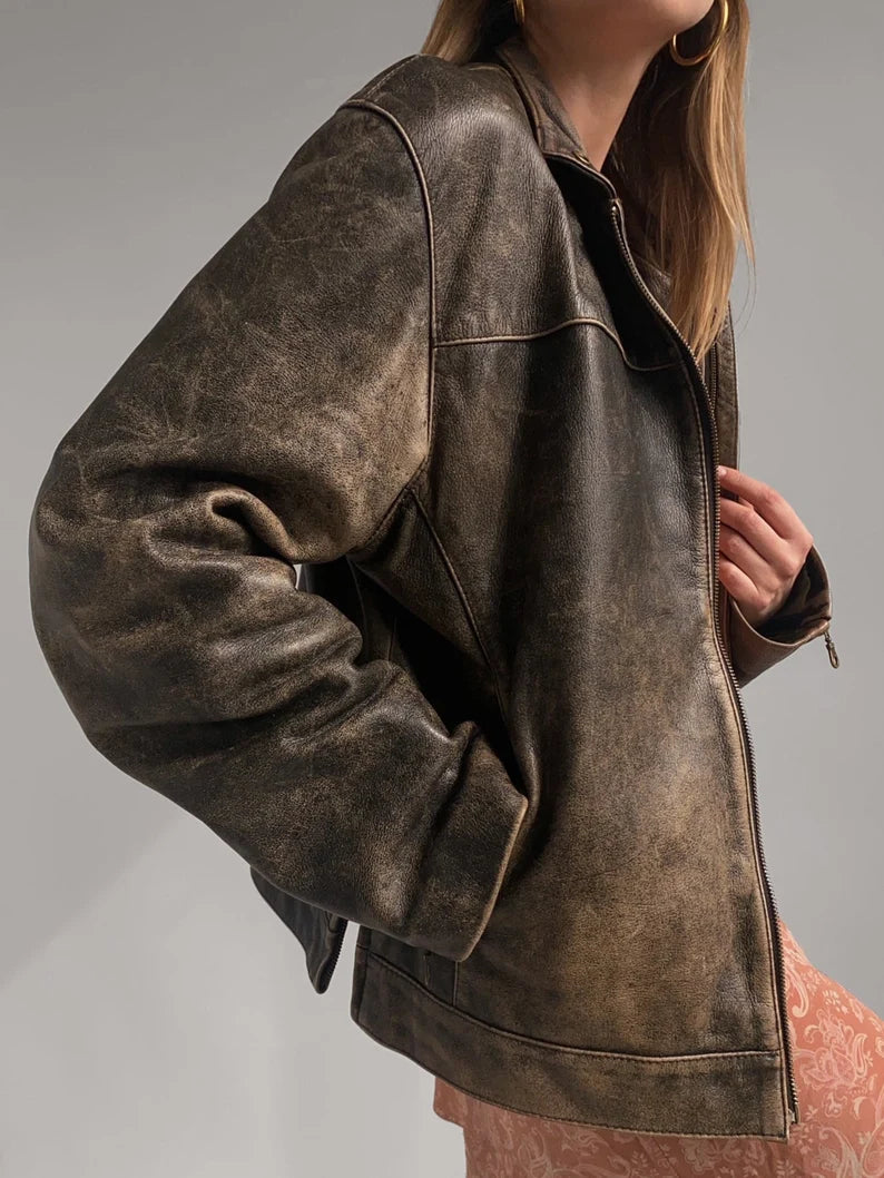 Ladies Brown Faded Vintage Oversized Leather Jacket, Women leather jacket