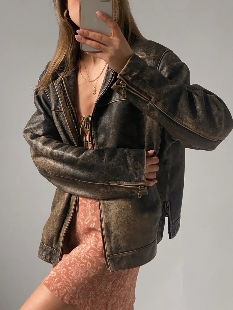 Ladies Brown Faded Vintage Oversized Leather Jacket, Women leather jacket