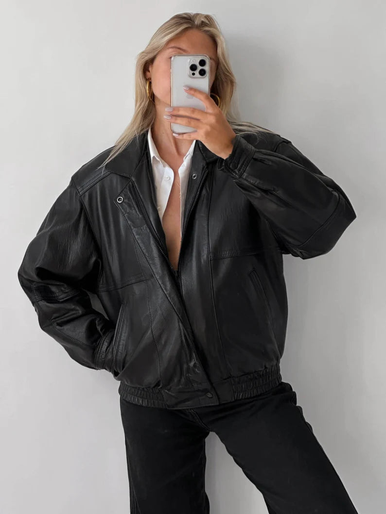 Women Oversize Bomber Handmade Lambskin Soft Genuine Leather Jacket, Ladies Biker Jacket