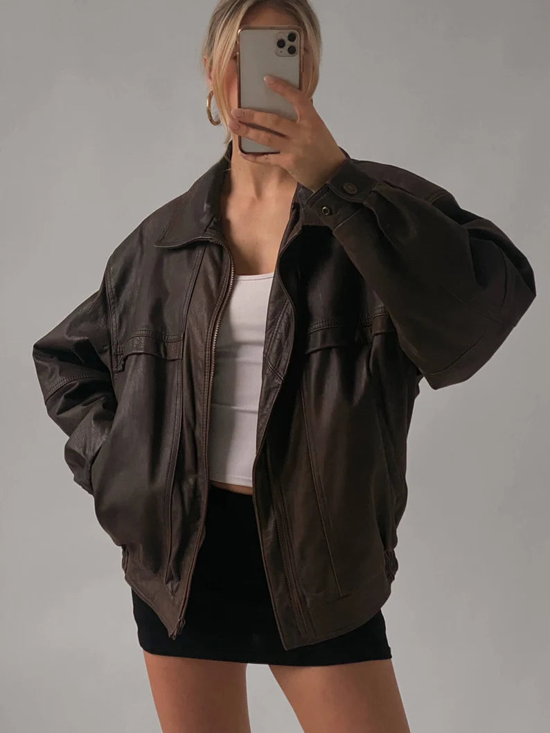 90's Women's Vintage Oversized Straight Jacket, Bomber Lambskin Soft Real Leather Jacket