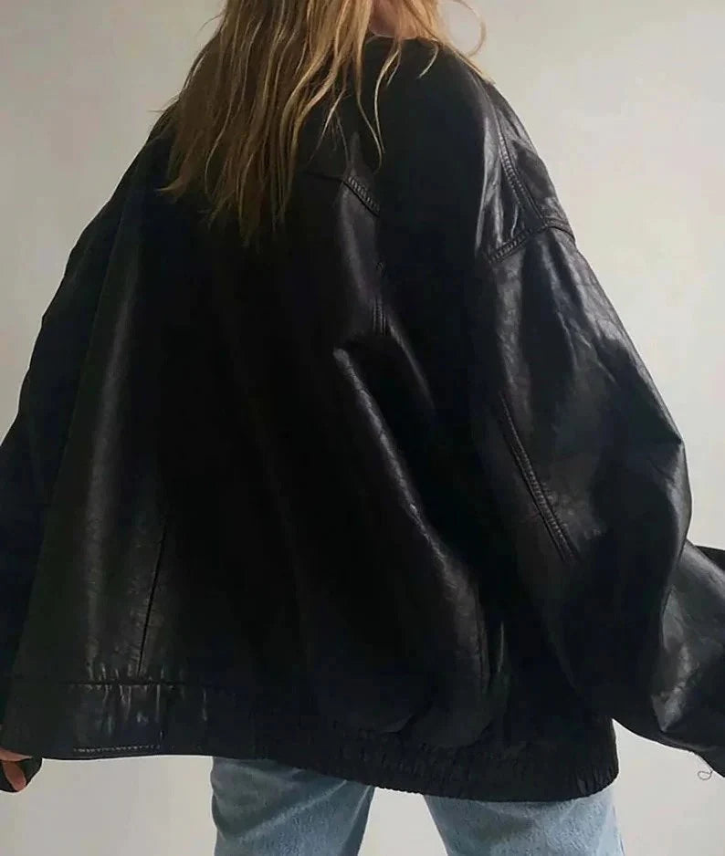 Women Handmade Black Oversize Bomber Lambskin Soft Real Leather Jacket, Genuine Leather Jacket