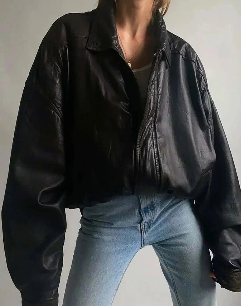 Women Handmade Black Oversize Bomber Lambskin Soft Real Leather Jacket, Genuine Leather Jacket