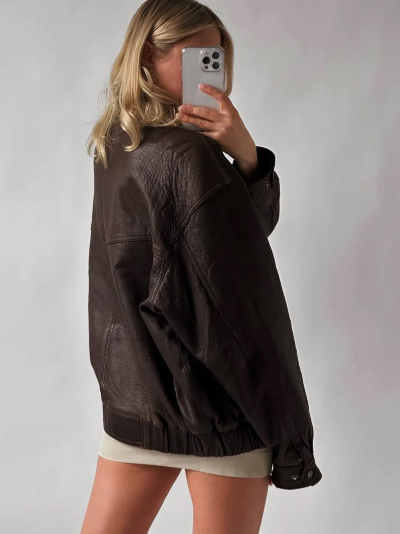 Women Handmade Brown Oversize Bomber Lambskin Soft Real Leather Jacket | Genuine Leather Jacket