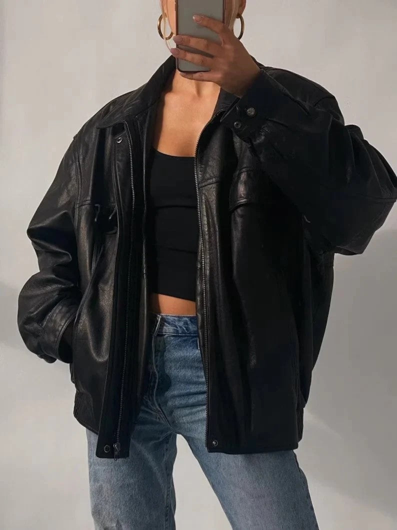 90s Women's Vintage Oversized Jacket, Ladies Genuine Leather Jacket